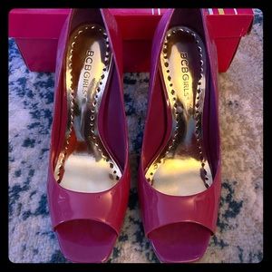 Cranberry patent leather peep toe heels